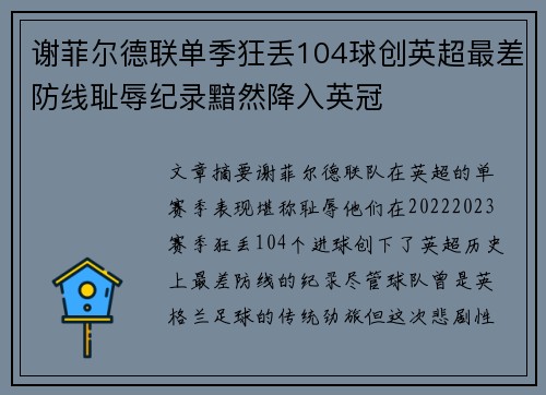 谢菲尔德联单季狂丢104球创英超最差防线耻辱纪录黯然降入英冠