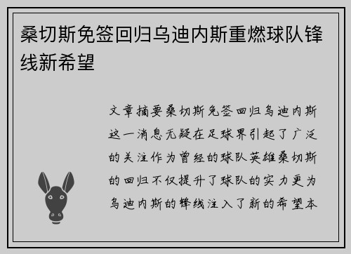 桑切斯免签回归乌迪内斯重燃球队锋线新希望