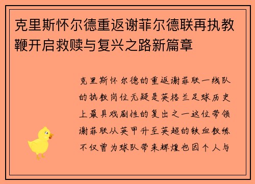 克里斯怀尔德重返谢菲尔德联再执教鞭开启救赎与复兴之路新篇章 克里斯怀尔德重返谢菲尔德联再执教鞭开启救赎与复兴之路新篇章