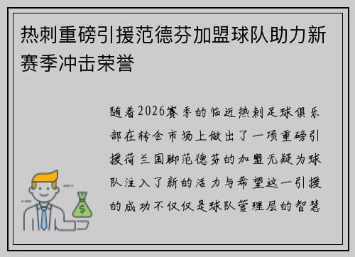 热刺重磅引援范德芬加盟球队助力新赛季冲击荣誉